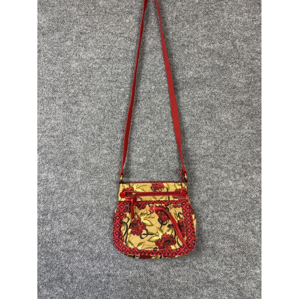 Fossil Floral Crossbody Bag Red Tan‎ Leather Trim Canvas Small Messenger